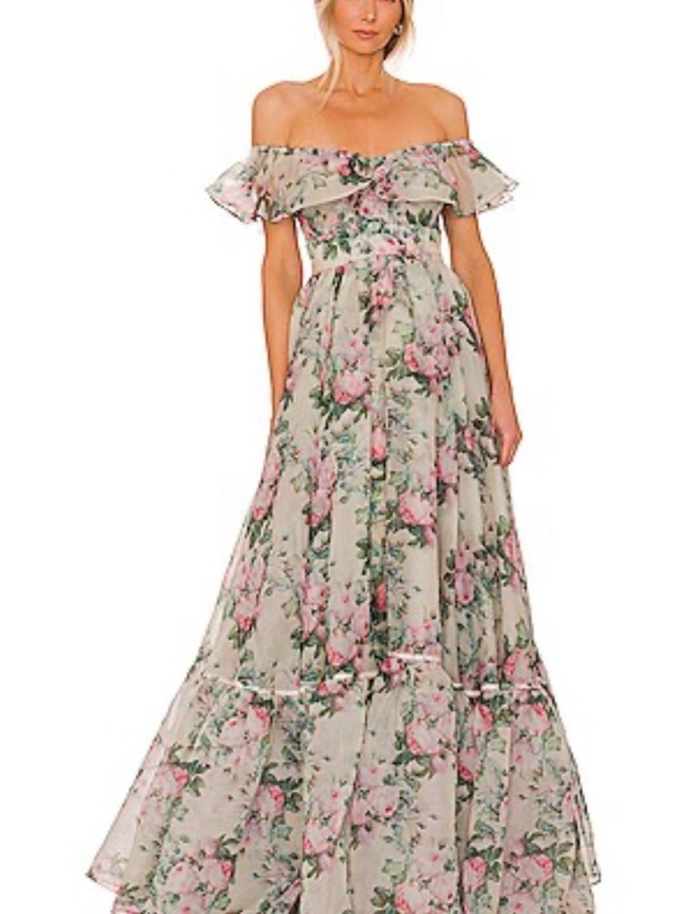 Selkie Pink and Green One-Shoulder Floral Maxi Dress